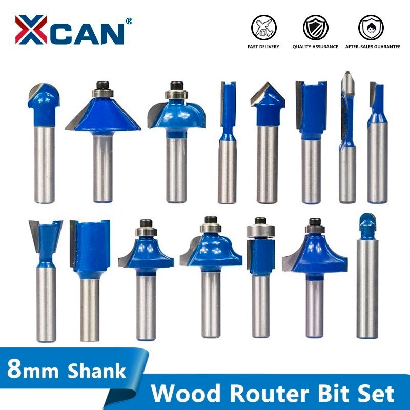 XCAN Router Bit Set 8mm Shank 15pcs Tungsten Carbide Wood Cutter Mill Trimming Straight Milling Cutter for Woodworking