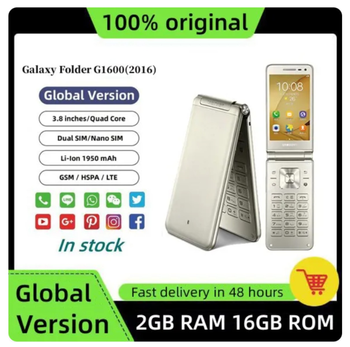 Original Samsung Galaxy โฟลเดอร์ G1600 (2016) 3.8 นิ้ว Quad Core 2GB RAM 16GB ROM Dual SIM 1.4GHz LTE พลิกโทรศัพท์มือถือ ราคา 2,588 บาท*ส่งฟรี