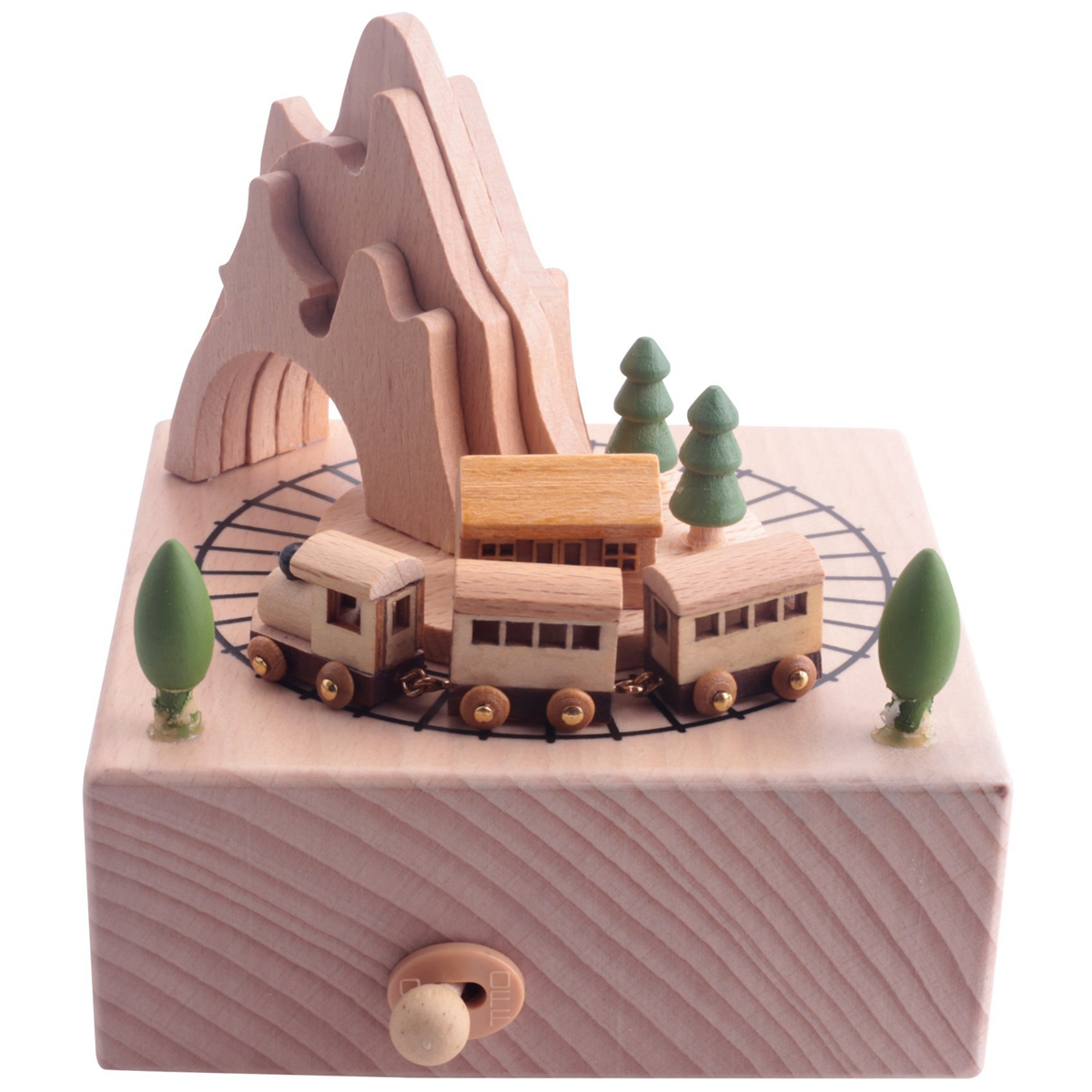 Wooden Musical Box Featuring Mountain Tunnel With Small Moving Magnetic