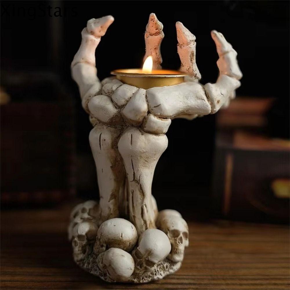 XINGSTARS Nạ Đầu lâu Giá đỡ nến Halloween Lòng bàn tay Độc đáo Đồ trang trí candlestic xương Thiết thực Đồ thủ công Hộp đựng nến hình đầu lâu Halloween