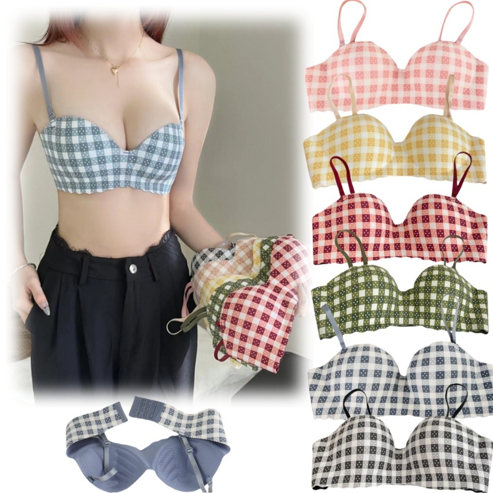 Sweet Girls One-Piece Striped Grid Gather Adjustable Straps Seamless Underwear Soft Comfortable Female Bra High End Casual Cotton Skin-friendly Bra For Women ราคา 31 บาท*ส่งฟรี