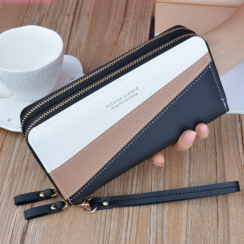 Double Zippered Wallet Women's Long Handbag Large Capacity Double Layer Wallet Lychee Pattern Contrasting Color Change Mobile Phone Bag