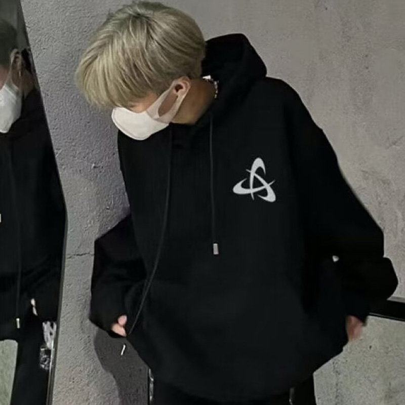 SENCHI丨Áo hoodie nam-áo hoodie áo khoác có mũ màu đen học sinh Tuổi Teen dáng rộng phong cách hoài c