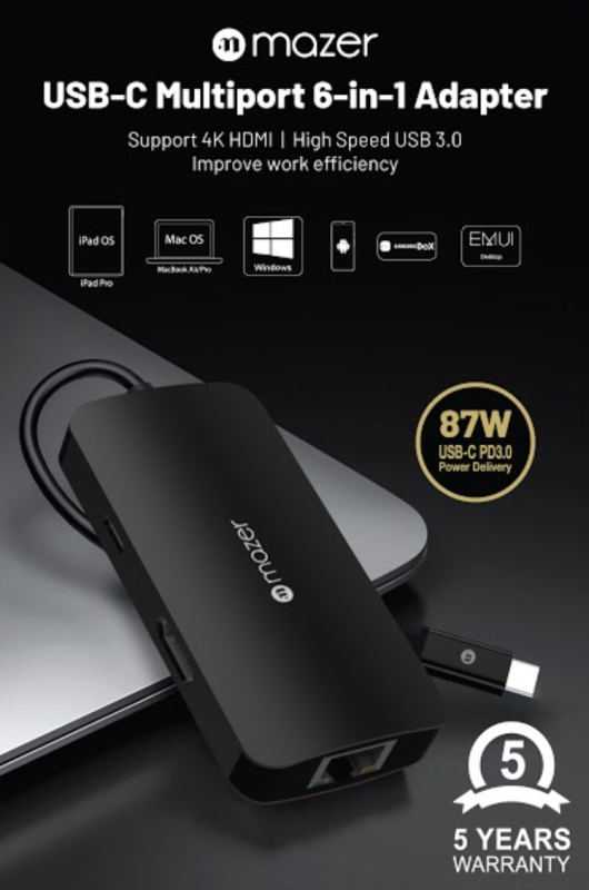 Mazer USB-C 6-in-1 HUB to HDMI4K+USB3.0X3+RJ45-Gigabyte+USB-C PD87W (M-UC2MULTI4060-BK)