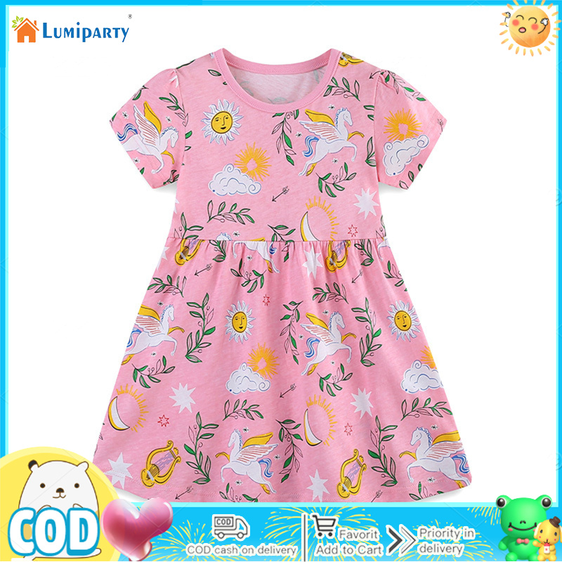 Girl Summer Casual Dress Short Sleeve Party Princess Cartoon Printed Round Neck Knitted Cotton Skirt ราคา 204 บาท*ส่งฟรี