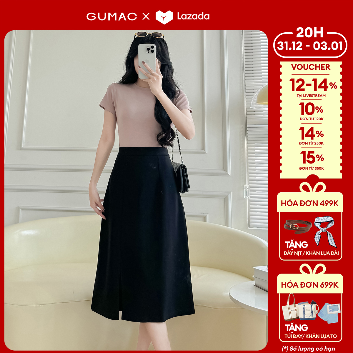   1.1 - 3.1| Voucher 10-15%  Chân váy nữ A lưng rời xẻ tà lệch chất liệu chéo thái công sở thời trang GUMAC LVF0804 