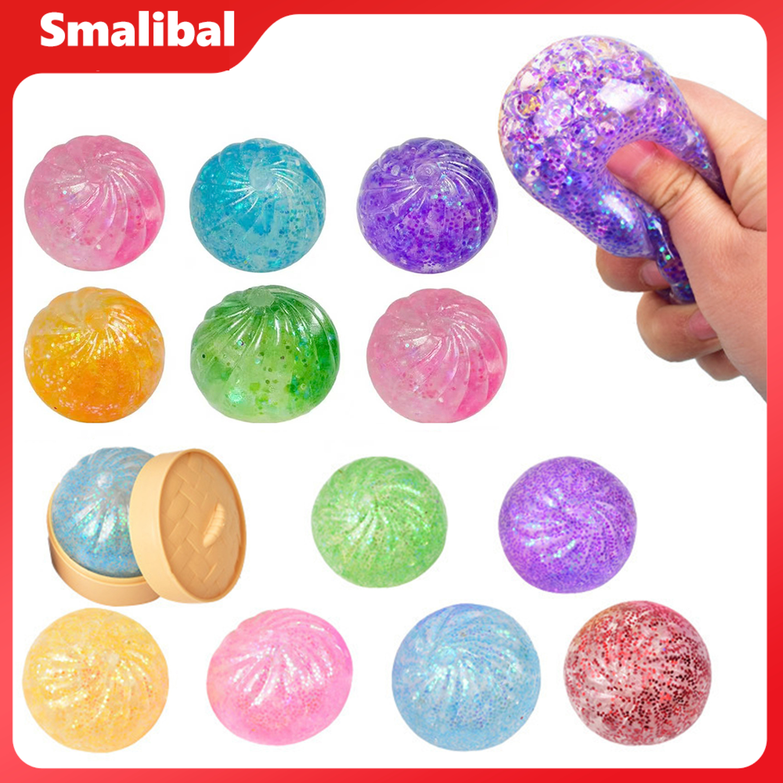 12Pcs Stress Relief Dumpling Squeeze Toy with Steamer Clear Glitter Steamed Bun Sensory Toy Soft Stretchy Stress Ball Fidget Toy Party Favors ราคา 537 บาท*ส่งฟรี