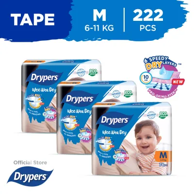 Drypers Wee Wee Dry M 74S X 3 Packs (6 Kg - 11Kg) 222Pcs/Box
