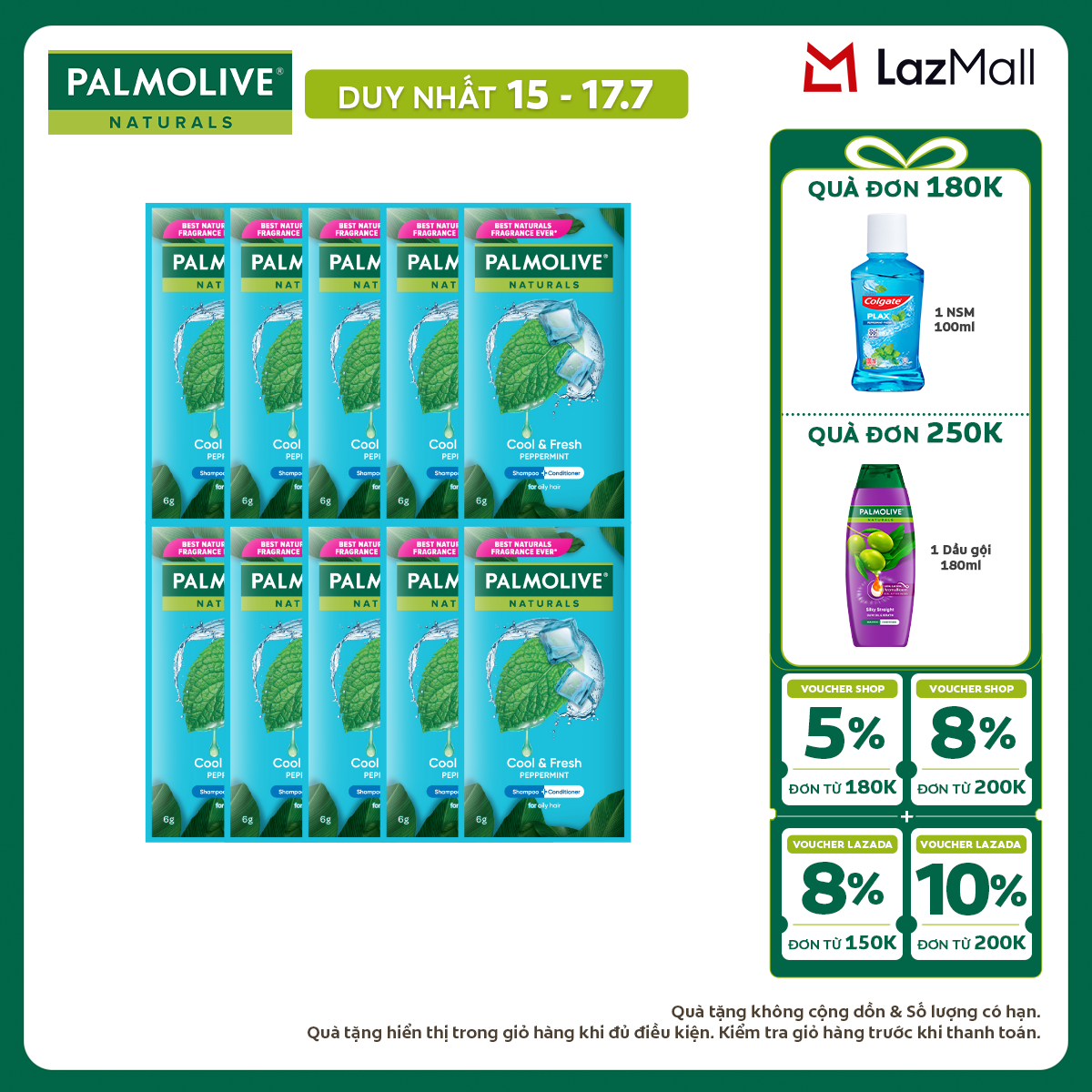 [Chỉ 15-17.7_X2 Voucher giảm đến 18%] Bộ 10 gói Dầu gội Palmolive kèm dầu xả chiết xuất thiên nhiên 6g x 10