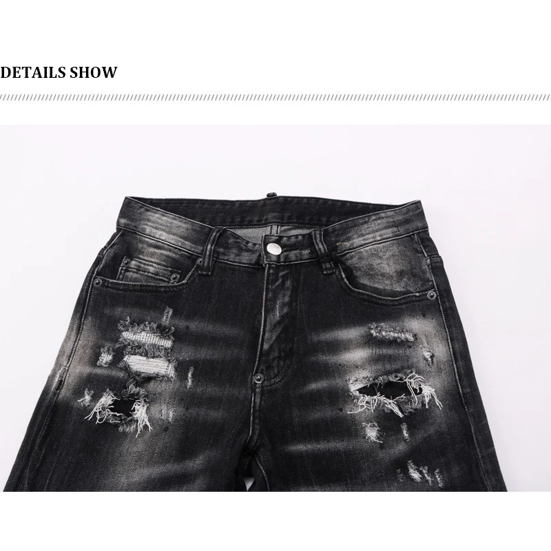 【A Popular】  Street Fashion Men Jeans Retro Black Gray Elastic Stretch Slim Fit Hole Ripped Jeans Men Patched Designer Hip Hop Brand Pants