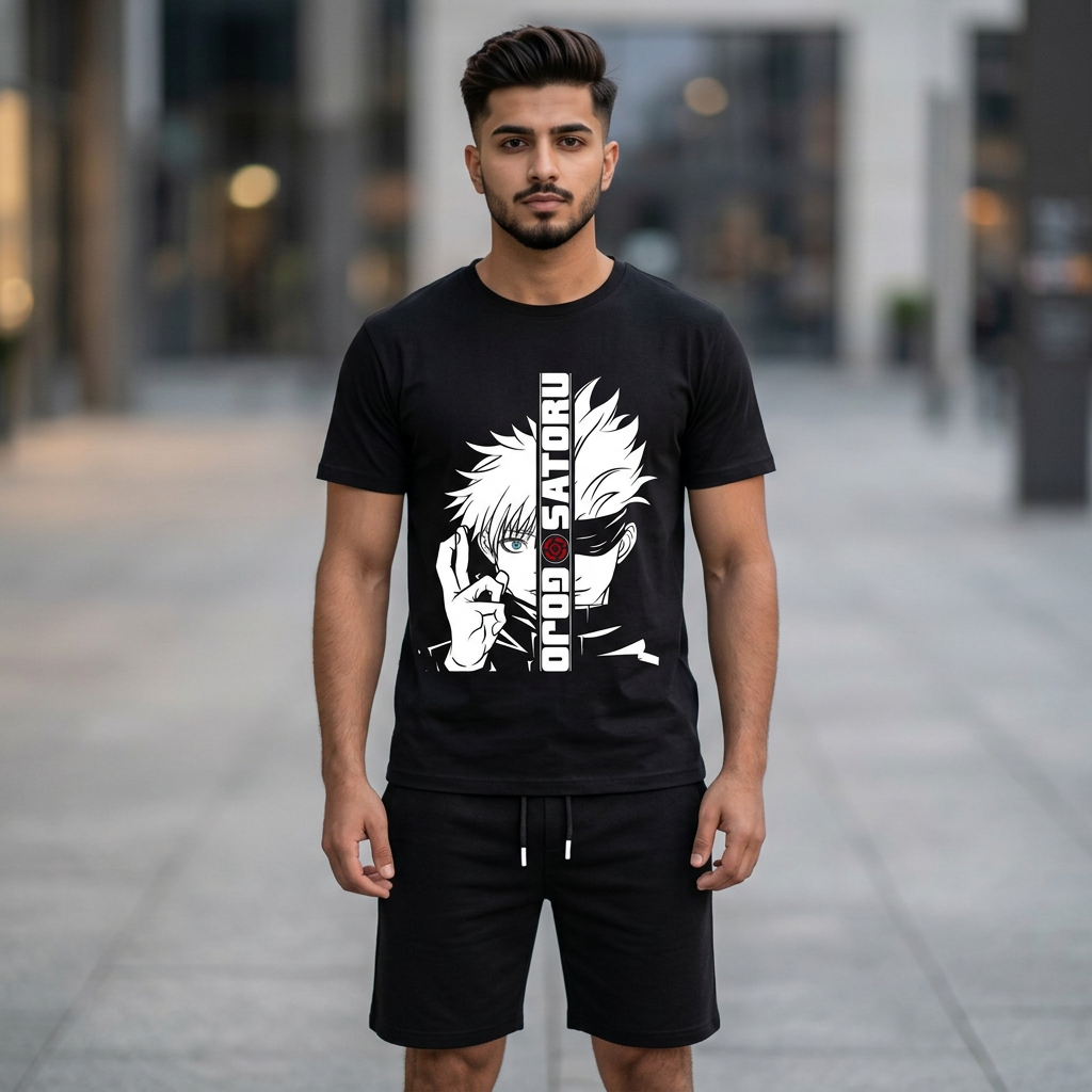 Black Goju Satoru Anime Printed Cotton Half Sleeves O Neck Short & Tshirt For Men & Boys