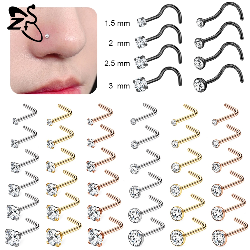  10 cái lốc 1.5 2 2.5 3mm tinh thể khuyên mũi thép không gỉ đá Cubic Zirconia xỏ mũi S hình dạng lỗ mũi xuyên 20g 