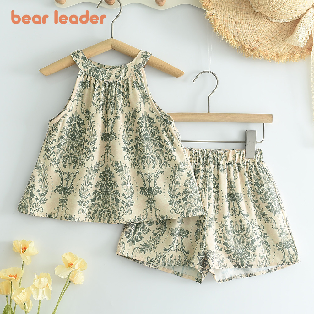 Gấu lãnh đạo cổ tròn không tay treo Áo phông in hình bộ quần đùi quần soóc in hoa hai mảnh Bộ Con Gái Mùa Hè Bộ đồ trẻ em trang phục 3-7 năm