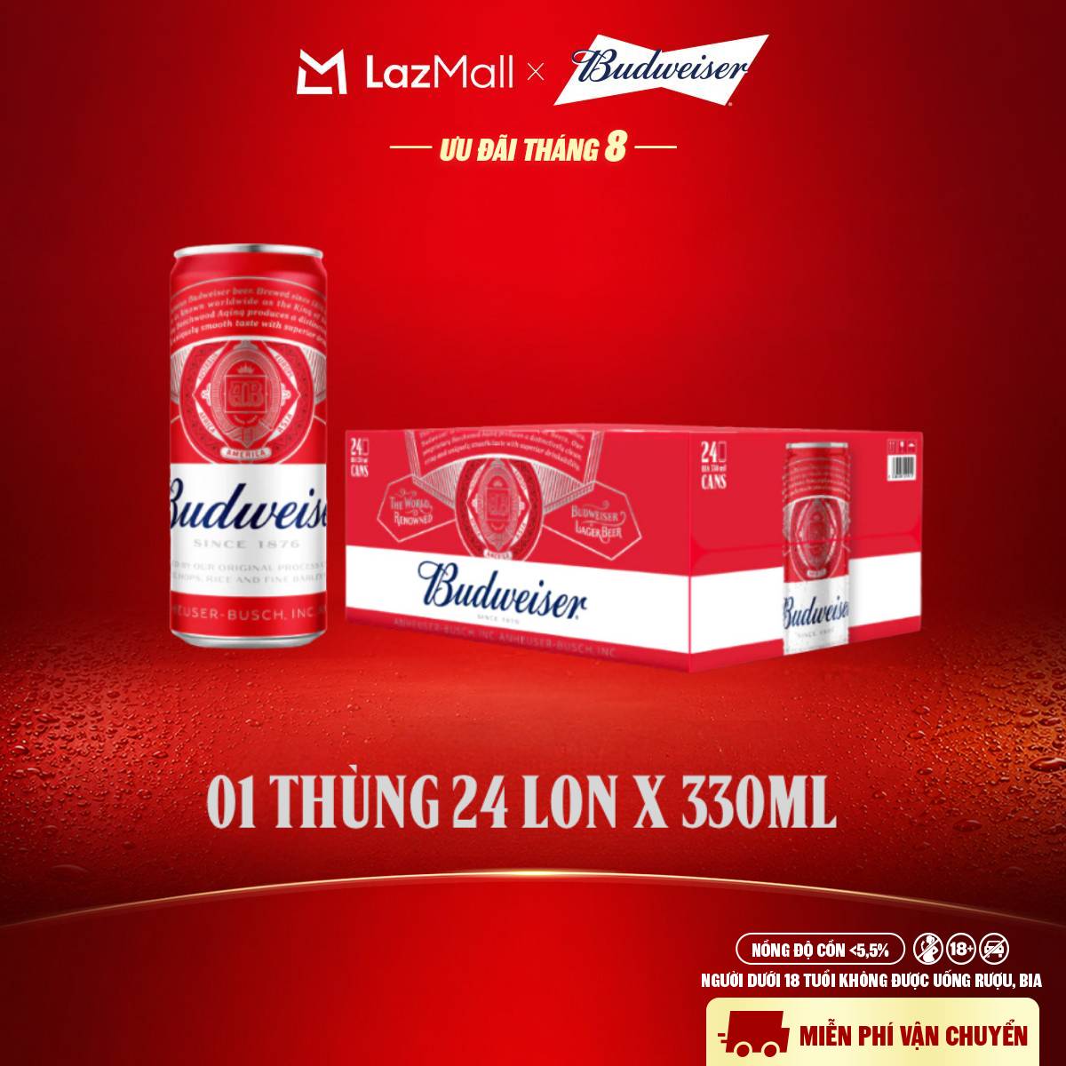 Thùng 24 Lon Bia Budweiser Sleek Can Chính Hãng (330ml/lon)