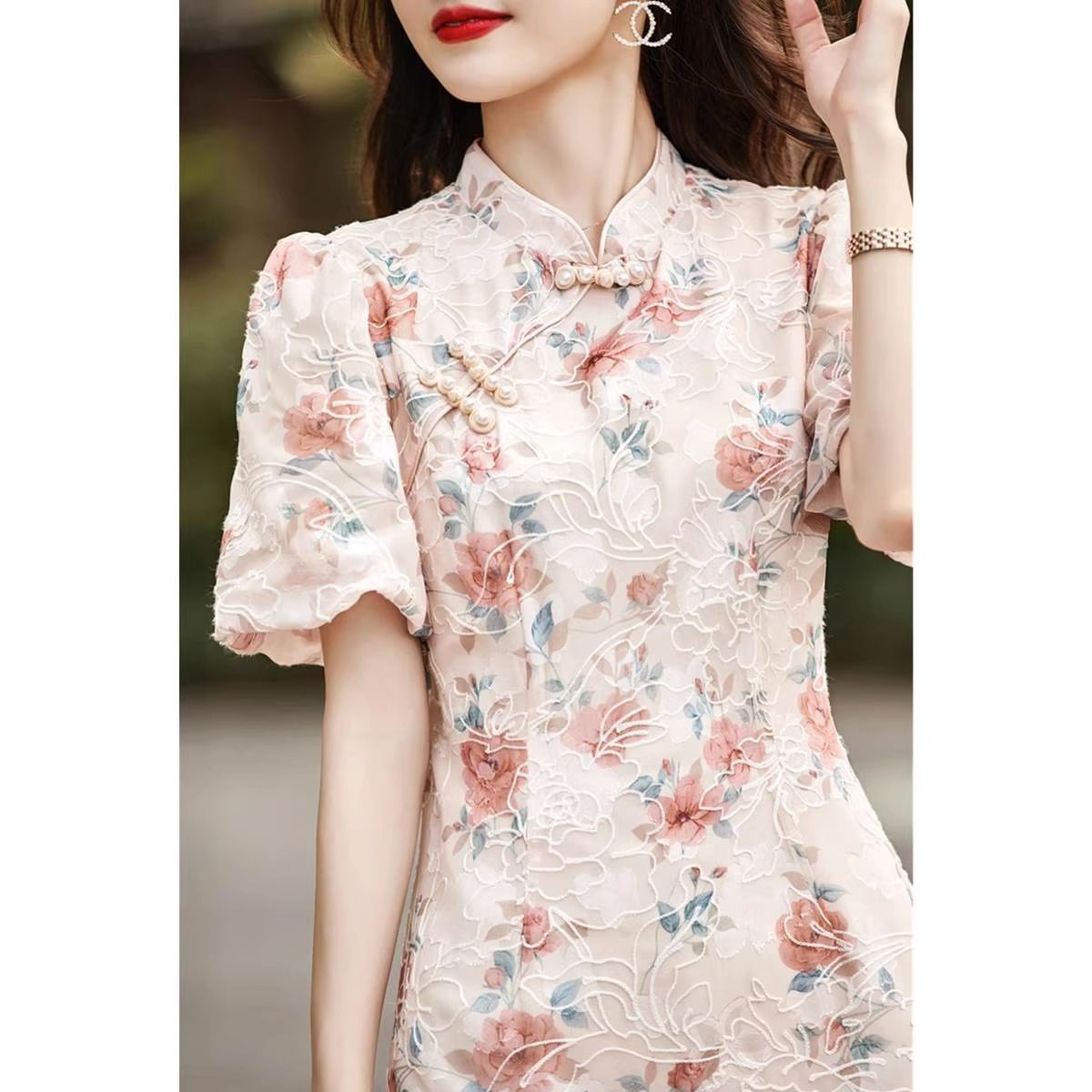 Oliviaretro thương hiệu lớn cao cấp cảm giác retro công nghiệp nặng thêu Khóa đĩa cải tiến giảm béo eo sườn xám váy hoa 401d1264