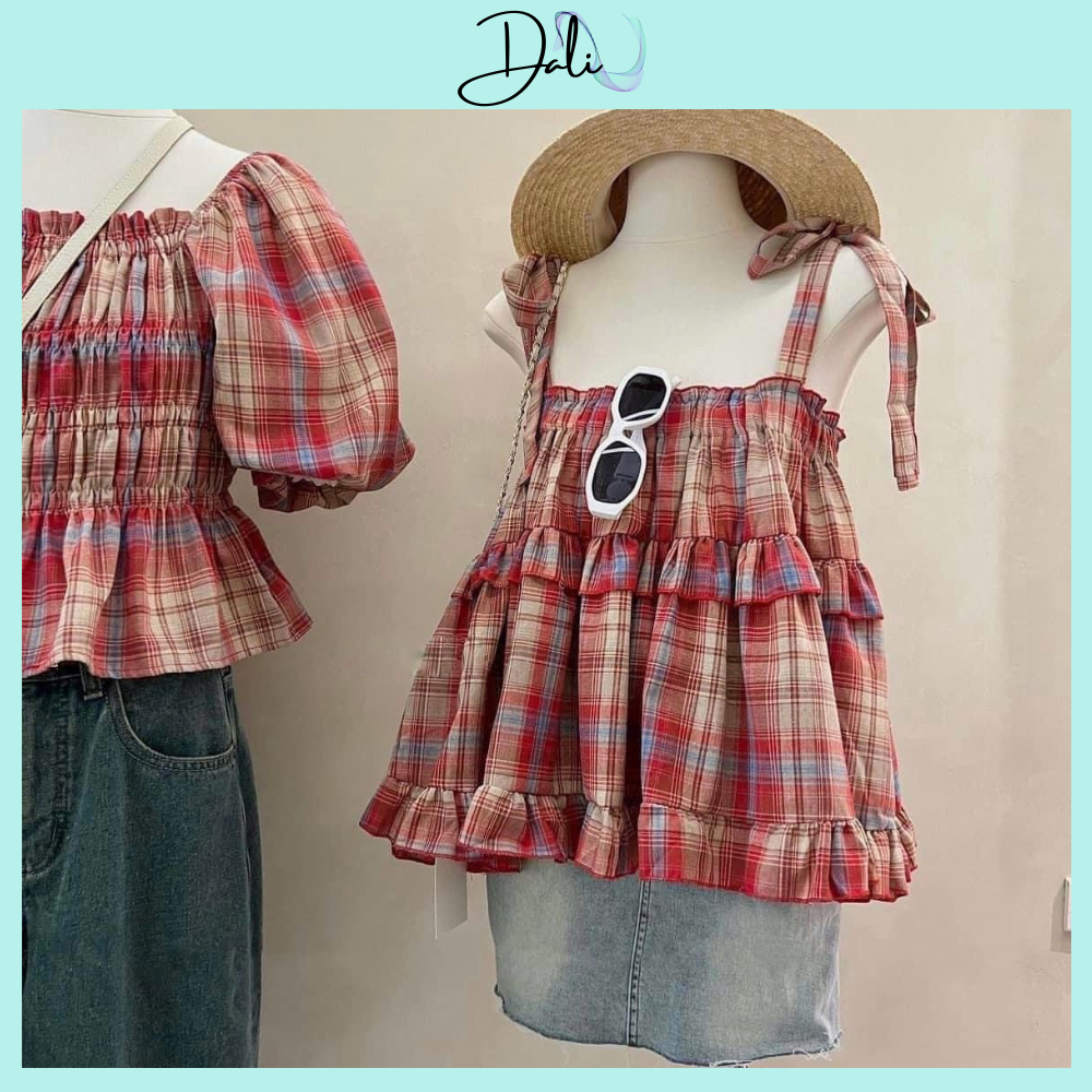 Áo 2 dây thắt nơ kẻ đỏ babydoll, áo kiểu nữ tiểu thư hot hit