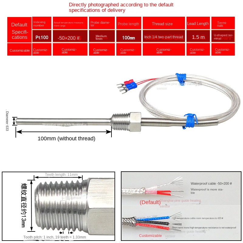 Pt100 Cảm Biến Nhiệt Độ Chống Nước Ren Cố Định | Đầu Dò 50-100mm | -50~200°C | Dây 1.5m | Thép Không Gỉ | Hàng Chính Hãng - PT1/4 Φ6*100Mm