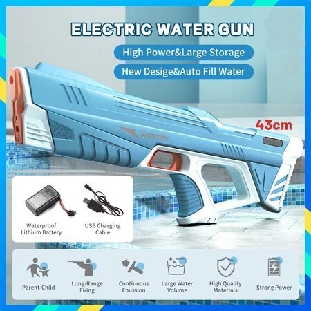 Súng nước điện tự động cho trẻ em, có sức bắn cao, có thể sạc lại, bắn liên tục, thích hợp cho hoạt động ngoài trời.