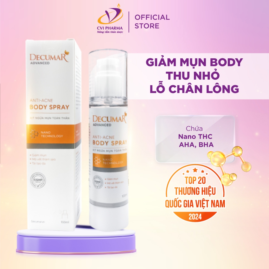 Xịt ngừa mụn toàn thân Decumar Body Spray giảm viêm lỗ chân lông, mờ thâm sẹo, chứa Nano THC, AHA, BHA - Chai xịt 100ml