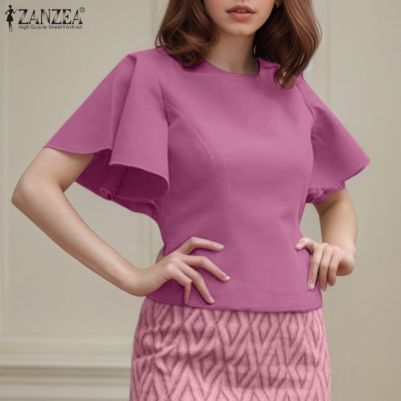 Celmia ZANZEA phong cách hàn quốc nữ thời trang mới tay áo xù Áo Crop Top khóa kéo bên hông #0714