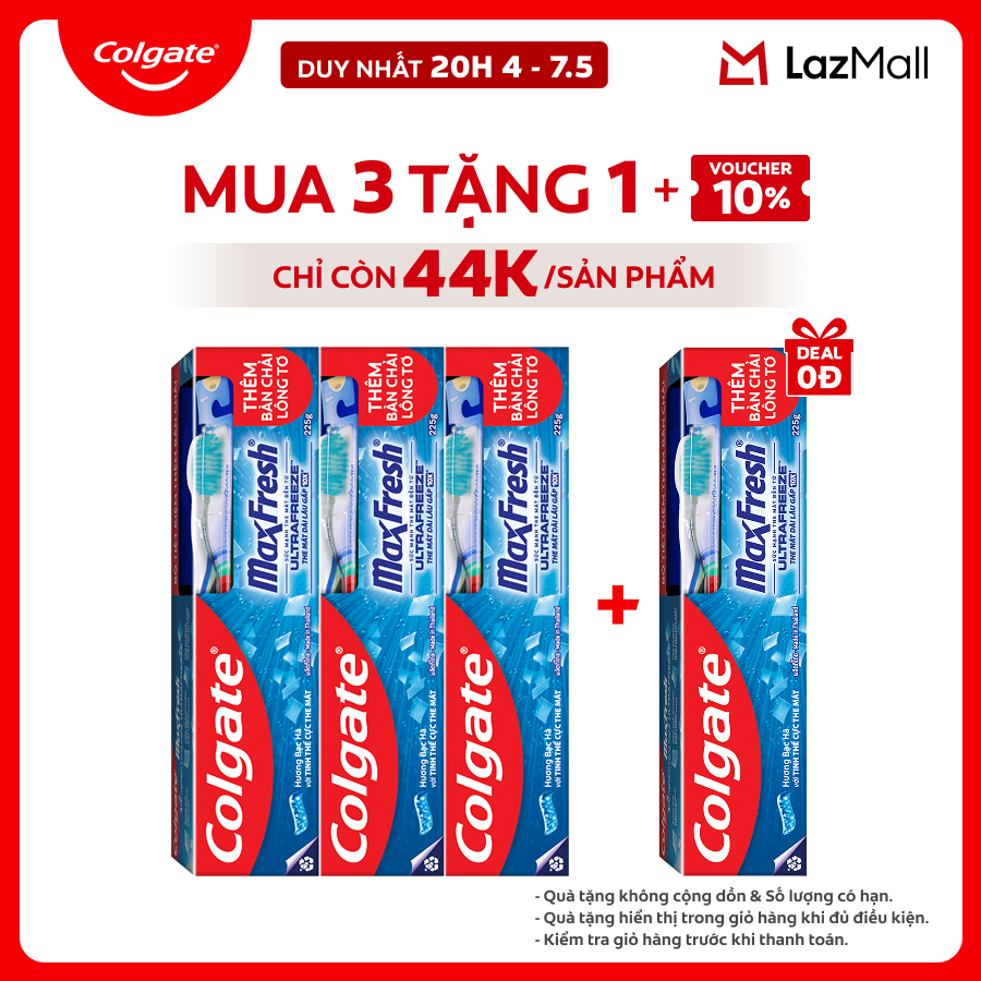 [Chỉ 20H 4-7.5_Mua 3 tặng 1] Bộ 3 Kem đánh răng Colgate MaxFresh ULTRAFREEZE the mát gấp 10X 225g/tuýp tặng bàn chải đánh răng lông tơ cao cấp