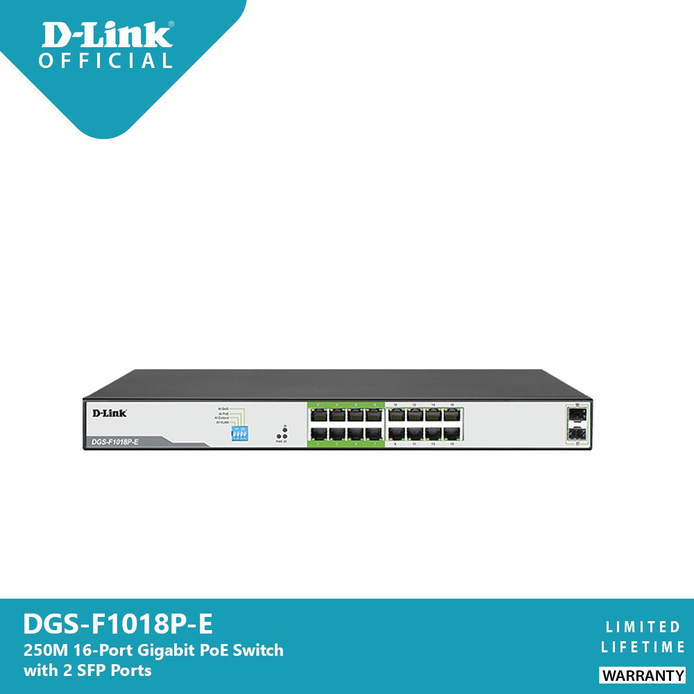 D-Link DGS-F1018P-E 250M 16-Ports Gigabit PoE Switch with 2 SFP Ports ราคา 9,900 บาท*ส่งฟรี