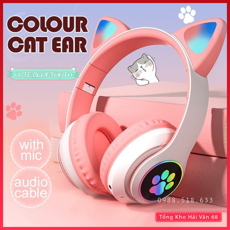 Tai Nghe Mèo Bluetooth Chụp Tai, Headphone Tai Mèo Dễ Thương Có Mic
