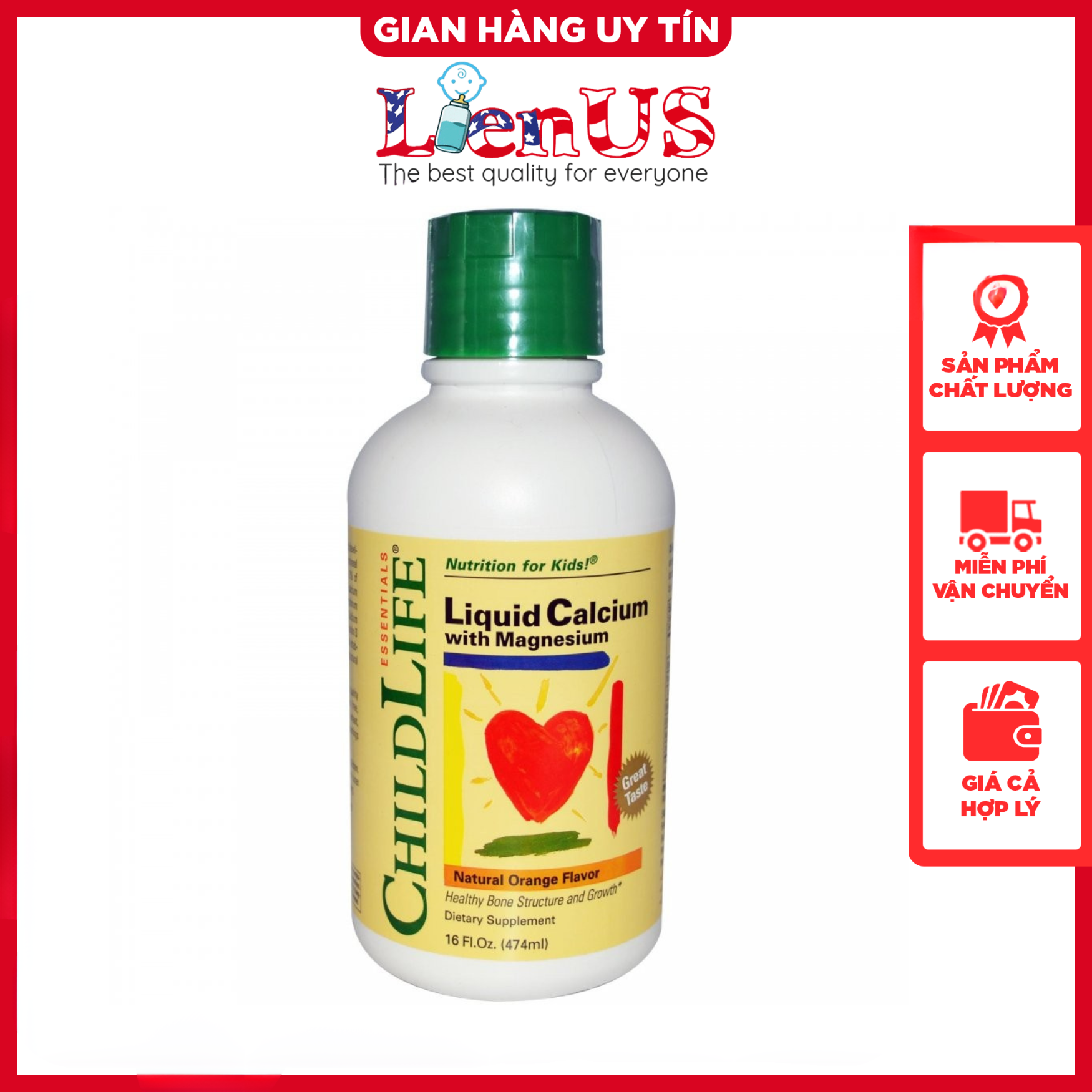 Canxi Dạng Lỏng Vị Cam Tự Nhiên CHILDLIFE Liquid Calcium with Magnesium 473ml của Mỹ Tăng Chiều Cao 