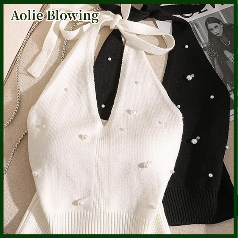 Aolie Thời trang Pháp đính cườm Halter Neck Tie Knot backless dệt kim vest cho phụ nữ