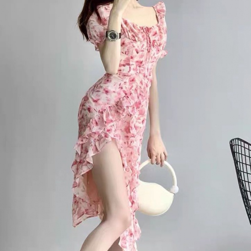 HalloweenNew floral dress high-end light mature style printed long skirt elegant irregular waist skirt irregular hem short sleeve split skirtCHristmas