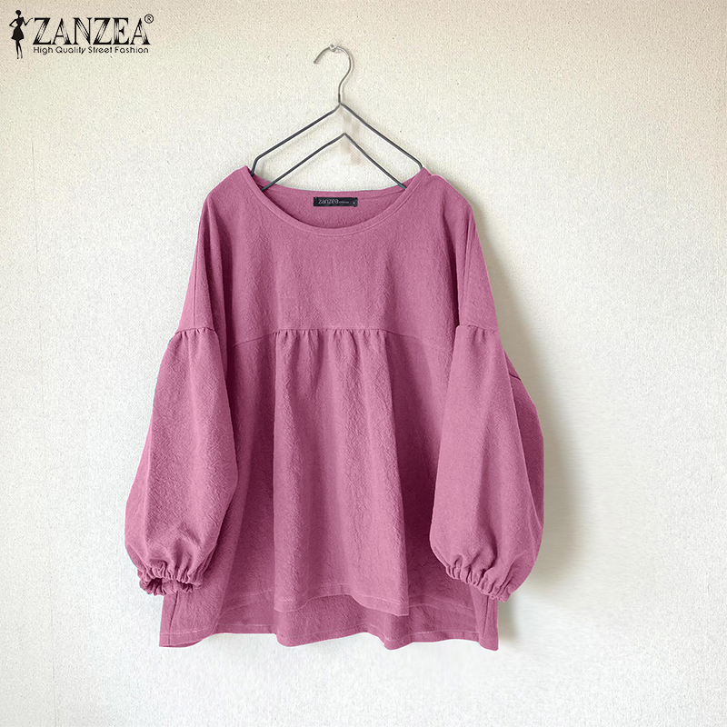 Hijabfab ZANZEA phụ nữ thanh lịch giải trí Vòng cổ áo dài tay chắp vá Áo xếp li #0512