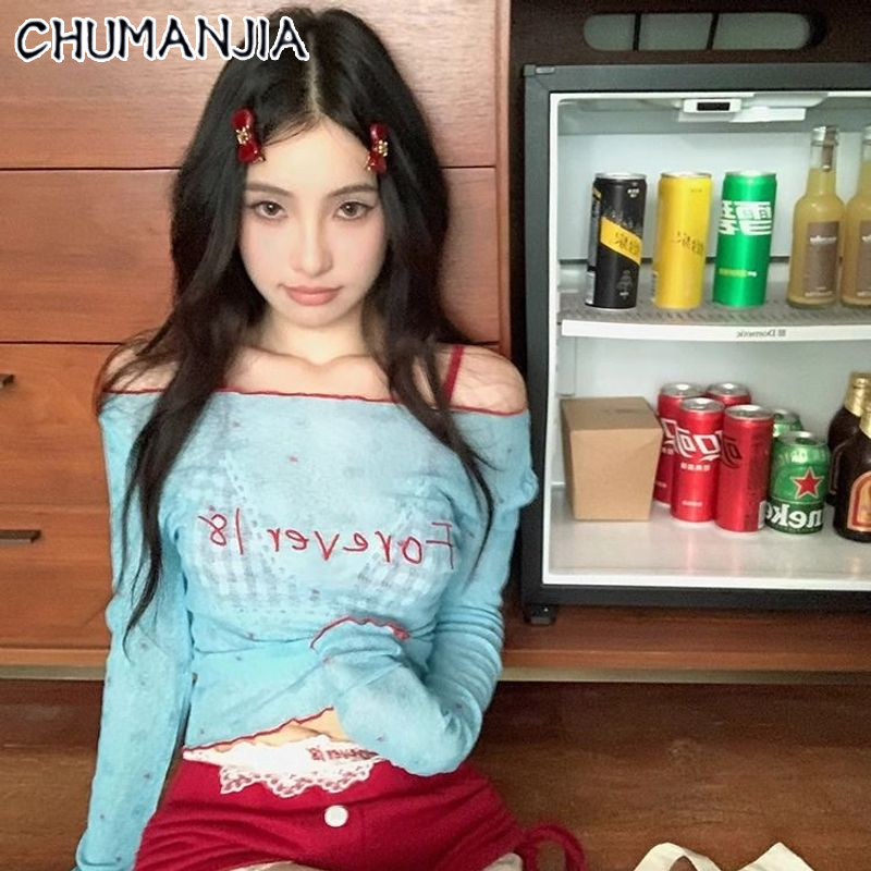 CHU MAN JIA off-Shoulder Thin Embroidery Long Sleeved Fitted T-shirt Women