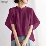 ZANZEA mùa hè phong cách Hàn Quốc cho Nữ Màu Trơn Xếp Li cao-thấp áo cánh đứng cổ áo tay áo raglăng Tops #0929