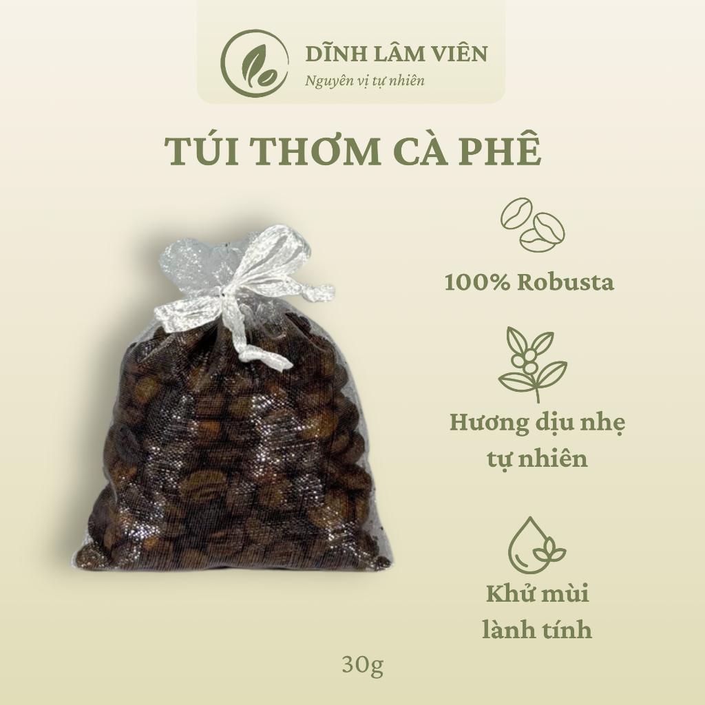 Scented Bag of Gia Lai Robusta Coffee Beans, Roasted and Dehumidified, Deodorized, 30g | Dinh Lam Vien Giá 20,300 Đồng*Miễn phí vận chuyển