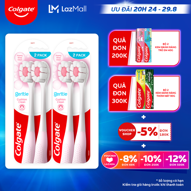 [Ưu đãi 20H 24.8 - 29.8_Áp voucher Colgate 5% + voucher LZD 8%]Bộ 4 Bàn chải Colgate Cushion Clean lông chải siêu dày tạo bọt mịn