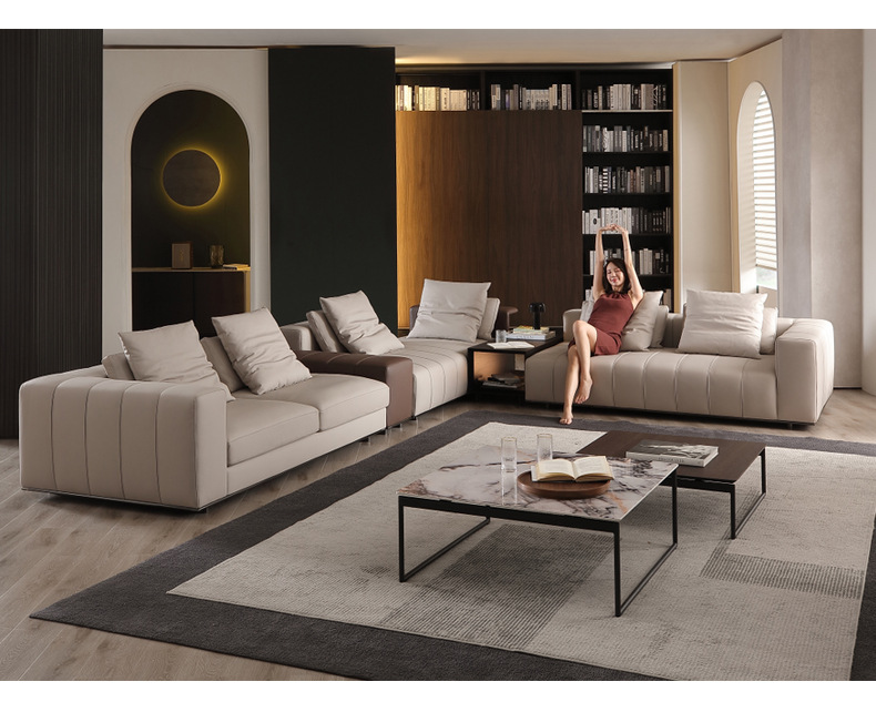 Sofá italiano minimalista de piel, teclas de piano, moderno, minimalista, nórdico, arte en piel, villa italiana, muebles de sala de estar de lujo y luminosos