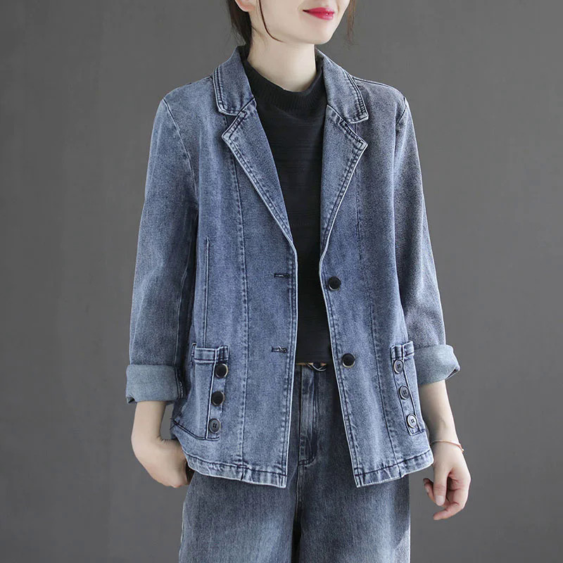 2023 Mới Mùa Xuân Mùa Thu Cổ Điển Phù Hợp Với Phụ Nữ Quần Jean Áo Khoác Giản Dị Tops Lỏng Ngắn Denim Phù Hợp Với Áo Khoác Áo Khoác Nữ Cao Bồi Áo Cơ Bản