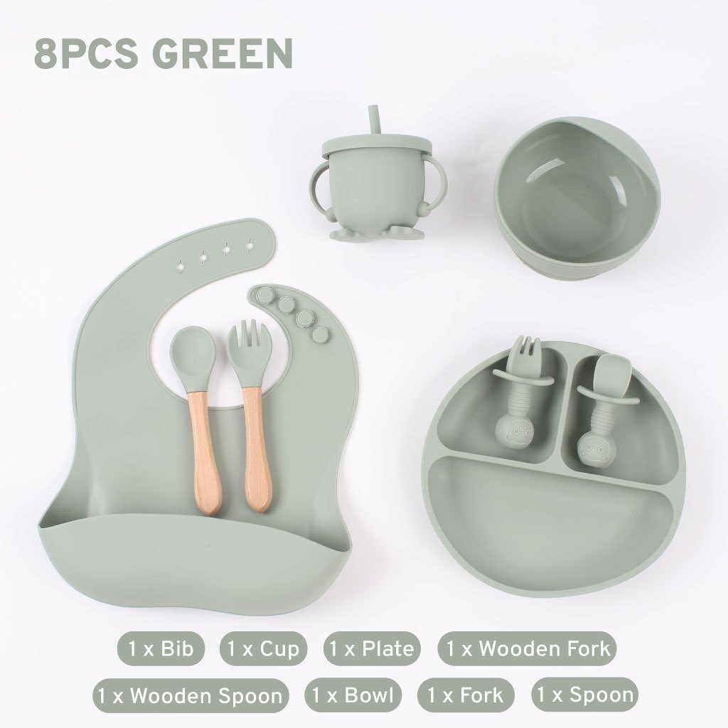 Jollybee Baby Silicone Dining Set 8PCS Tableware Cutlery Childrens Plate Fork Spoon Kids Dinnerware Feeding Set 宝宝餐具