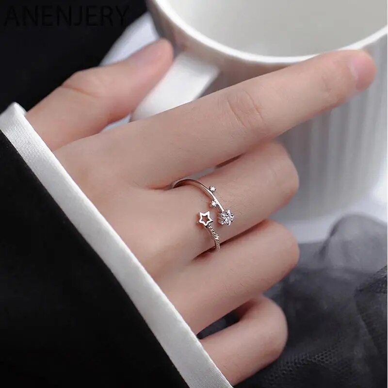 Anenjery màu bạc ngôi sao năm cánh Zircon rỗng có thể điều chỉnh cho phụ nữ đơn giản đẹp Ins essories