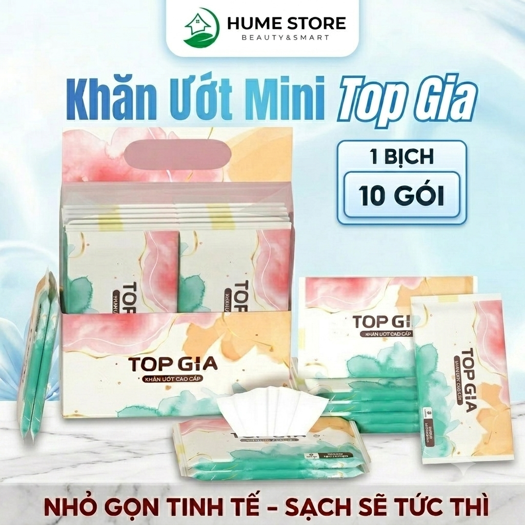 Khăn Ướt Mini TopGia 10 Gói X 8 Tờ Không Mùi Không Cồn Không Parabens An Toàn Cho Mẹ Và Bé