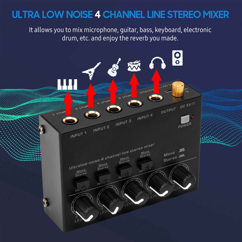 Ultra Low Noise 4 Channel Line Stereo Mixer 4 Input 1 Output DC 5V Portable Mini Audio Mixer Microphone Keyboard