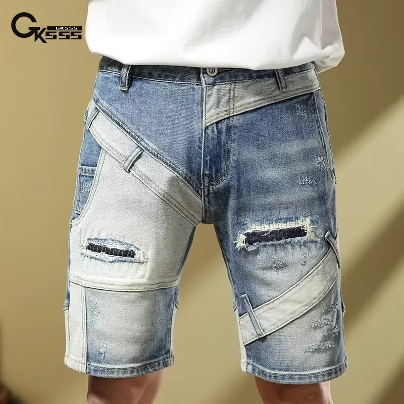 Gothru Denim shorts men's fashion splicing slim shorts