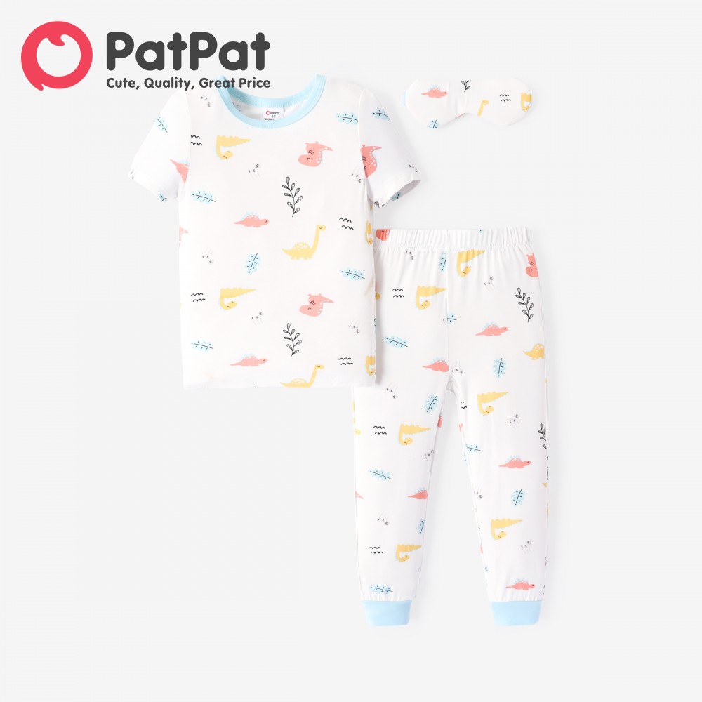 Patpat Toddler Boy 3Pcs Dino Bộ đồ ngủ in họa tiết Set Với Mặt nạ mắt