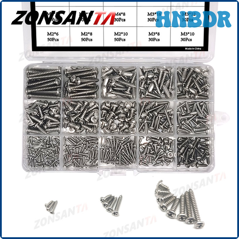 HNBDR ZONSANTA 460Pcs M2 M3 M4 Phillips Round Head Self tapping Screw Set Stainless steel Pan Head Wood Screws Assortment Kit HNRJS