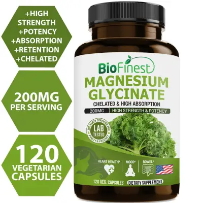 Biofinest Chelated Magnesium Glycinate 200mg - Organic Gluten-Free Non-GMO - Made in USA - Magnesium Supplement For Healthy Heart, Bone, Mood Enhancement, Sleep Health (120 vegan capsules)
