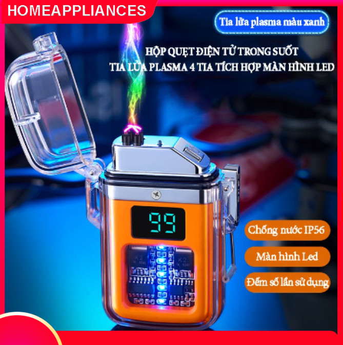 Hộp quẹt điện tử trong suốt tạo tia lửa plasma 4 tia, pin 220mA chống nước tích hợp màn hình led quả