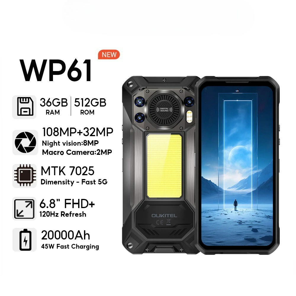 OUKITEL WP61 12GB(Up to 36GB)+512GB108MP+32MP 5G Cellphone ​​ 6.7“ FHD+ 120Hz Resfersh Rate Display 20000mAh Handphone Mobiles Camera Android 16 ราคา 15,990 บาท*ส่งฟรี