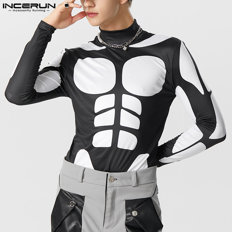 INCERUN Mens Long Sleeve Skeleton Printed Fashion Leisure Half High Neck