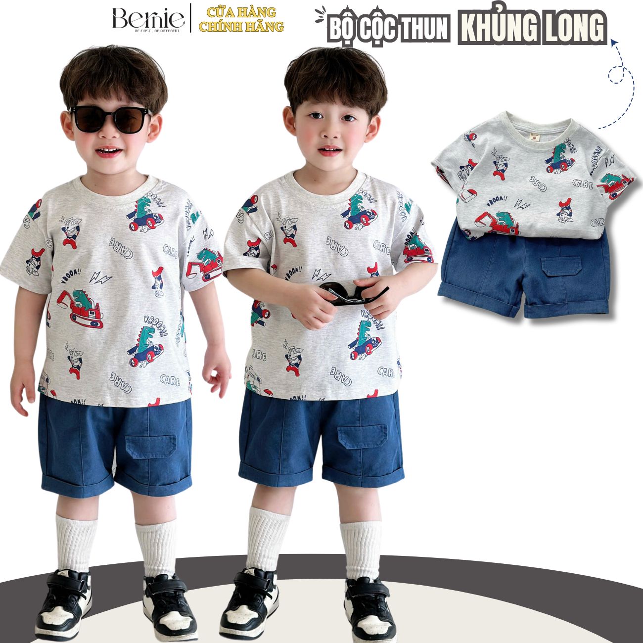  Set bộ cotton họa tiết khủng long phong cách hàn quốc cho bé trai size 1 đến 7 tuổi BERNIE H1124B02 