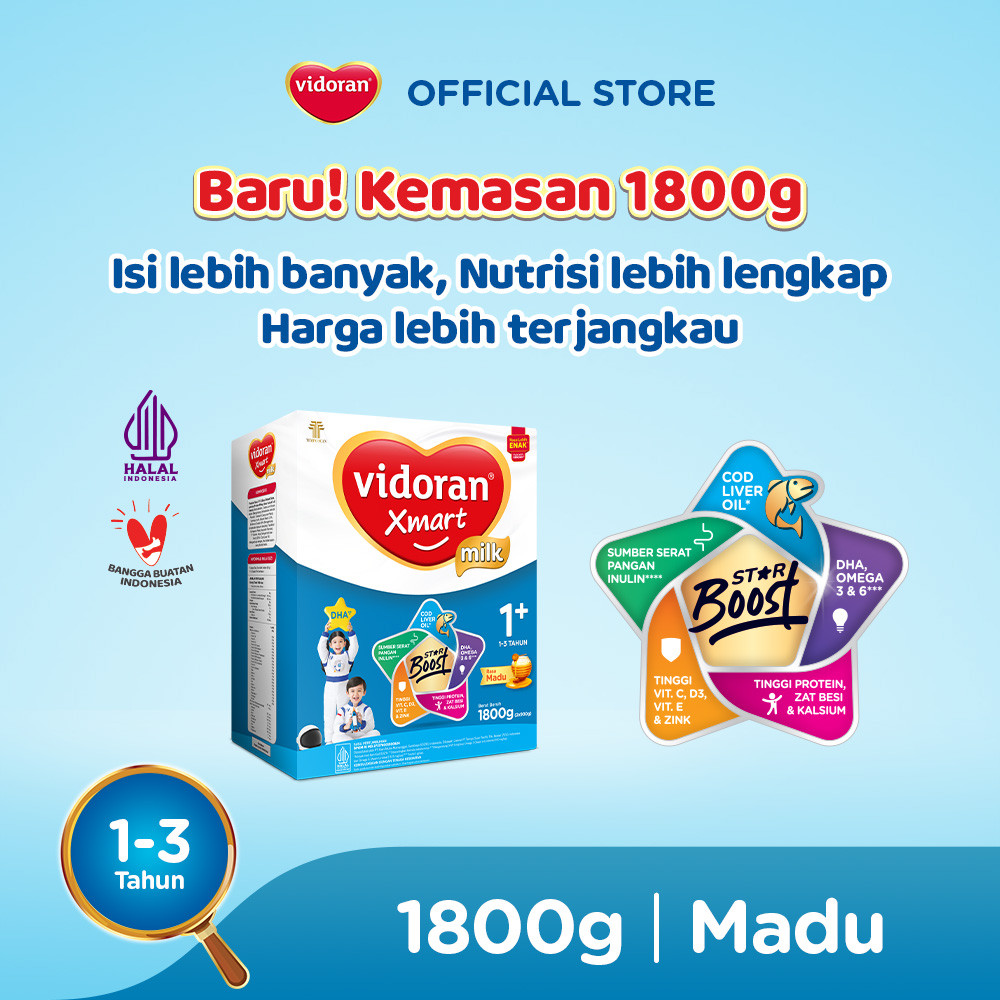 Vidoran Xmart 1+ Madu 2x900gr Susu Formula Pertumbuhan Anak 1-3 Tahun